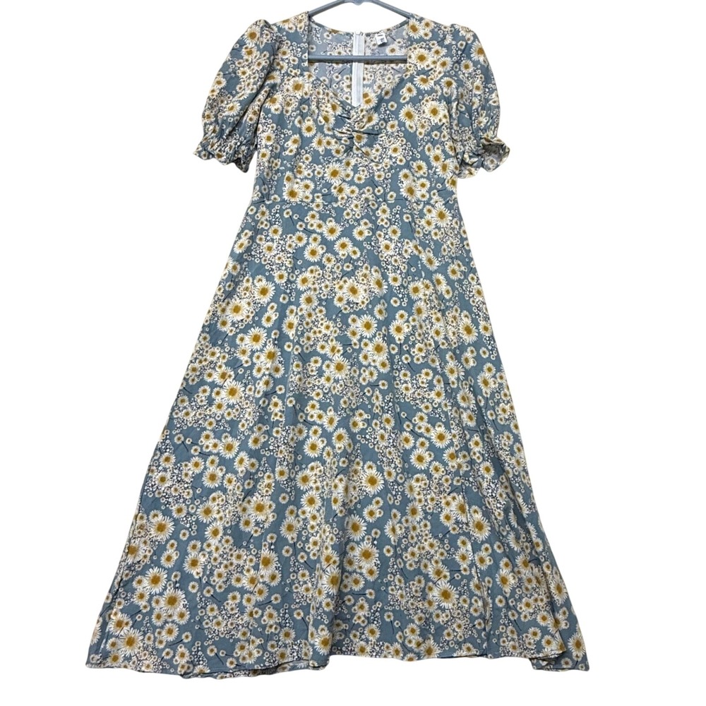 Nnine Womens Blue Floral Daisy Print Puff‎ Sleeve Midi Dress Size M Sweetheart